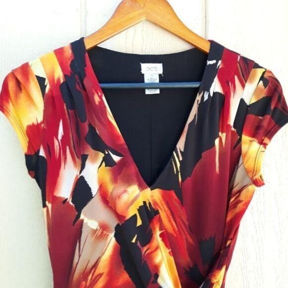 Vtg Cache Fiery Tropical Floral Mock Wrap Dress Stretch Bodycon Cap Sleeve Sz M - Picture 5 of 9